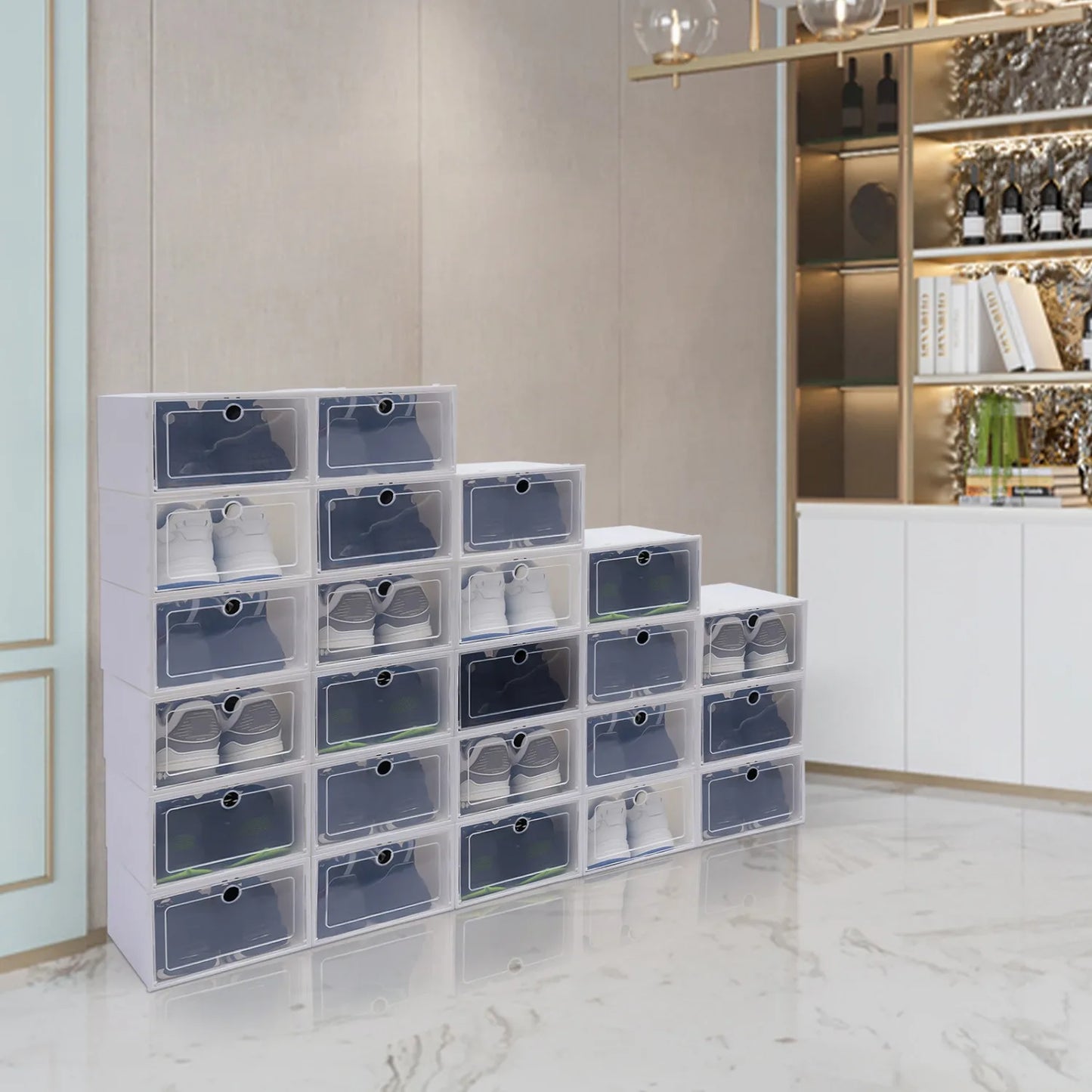 24 Pack Stackable Shoe Boxes, Plastic Shoe Boxes Foldable Reusable White with Lid for Small Spaces, Dorms, Small Equipment