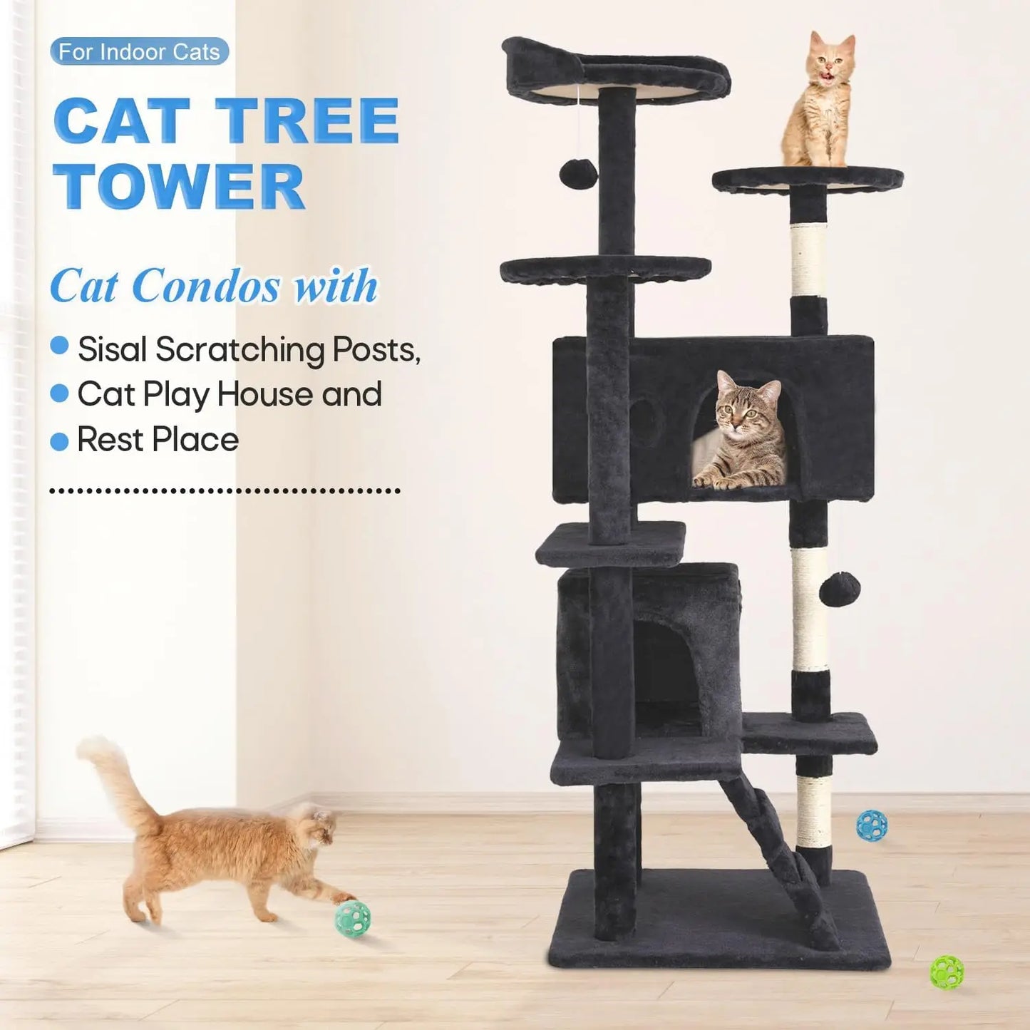 Cat Tree 54in Cat Tower Multi-Level DurableScratching Post & Cozy Fun Jumping Platform Space Saving Condo Pet Play