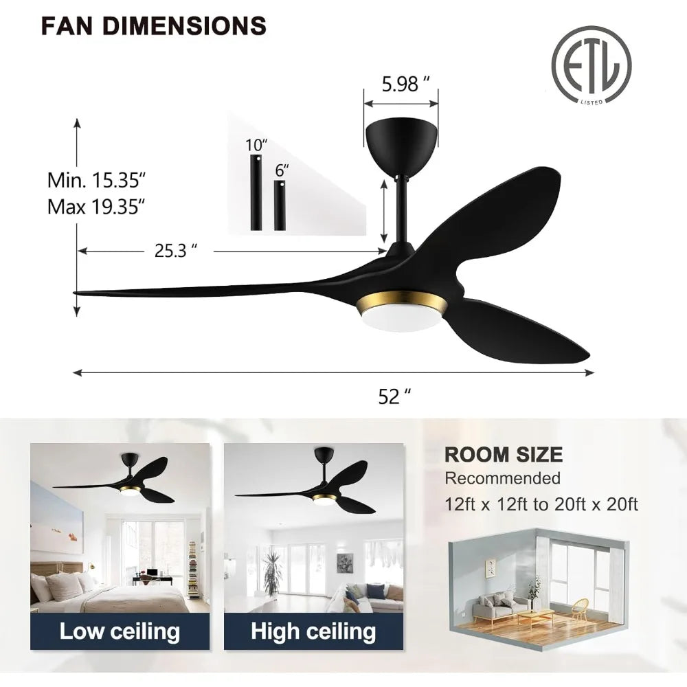 52 Inch Black Modern Ceiling Fans with Lights and Remote Control, for Living Room Bedroom Patio Garage, ETL Listed