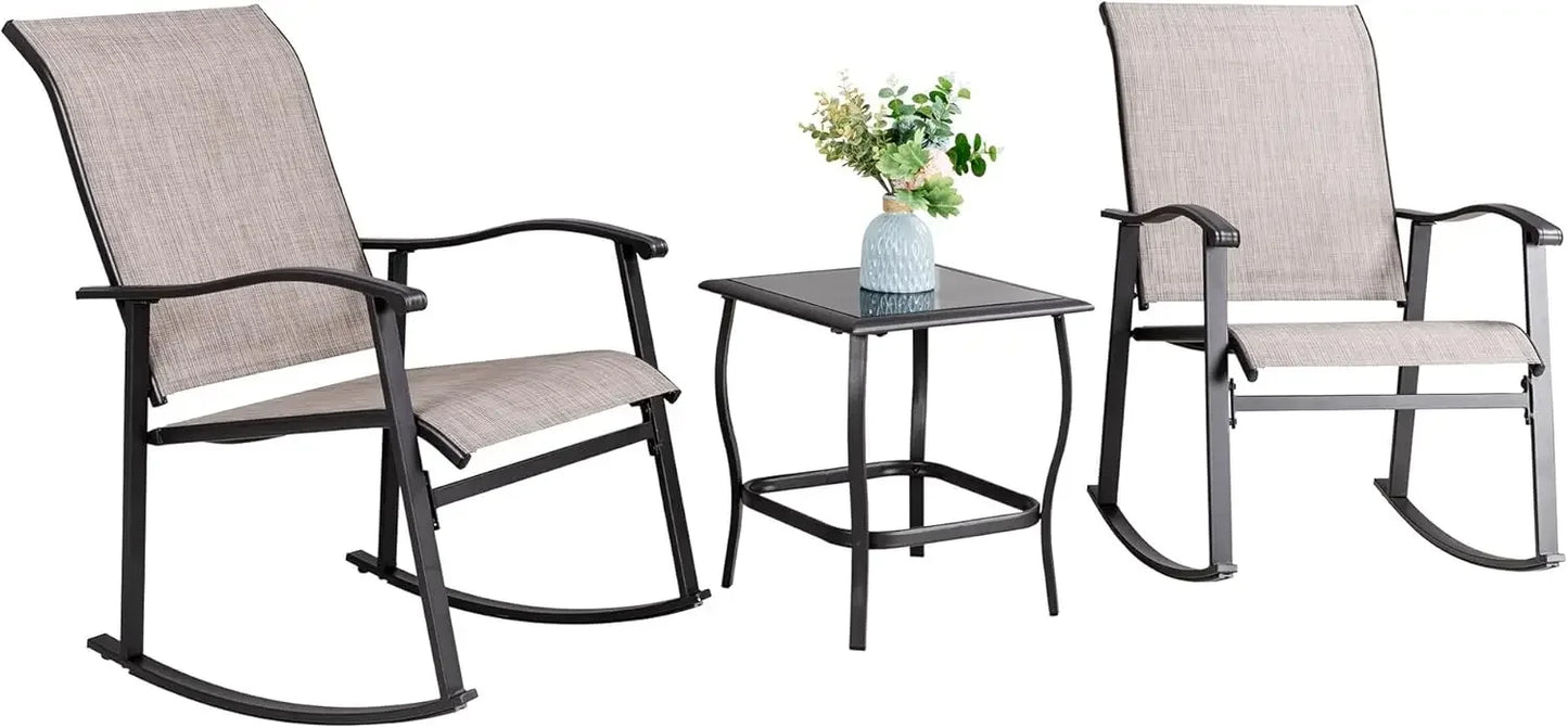 3 Piece Outdoor Rocking Bistro Set, Textilene Fabric Small Patio Furniture Set, Front Porch Rocker Chairs Conversation Set with