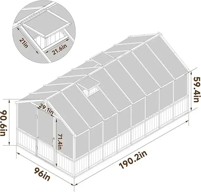 6x8 FT Greenhouse Kit,Adjustable Roof Vent 6MM Thick Polycarbonate Panel Wooden Walk-in Green House with Lockable Door
