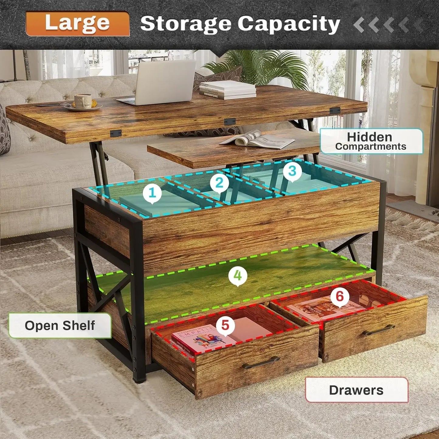 40" Lift Top Coffee Table, 4 in 1 Coffee Tables with Storage for Living Room, Small Farmhouse Coffee Table with 2 Drawers