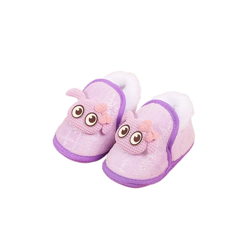 Adorable Baby Girls Plush Shoes with Cute Cartoon Design Big Eyes Warm Fleece Lining Non-Slip Sole for First Steps