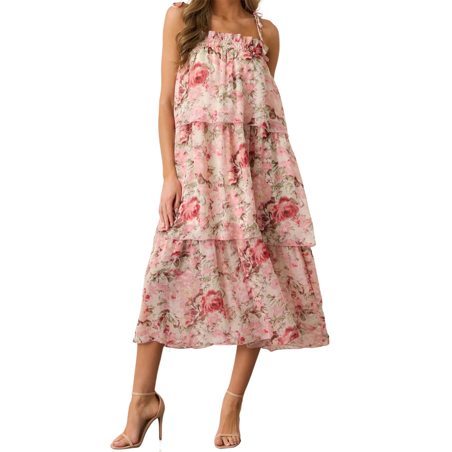 Women s Boho Floral Print Sleeveless Maxi Dress with V-Neckline and Tiered Ruffle Hem for Summer Beach Vacation