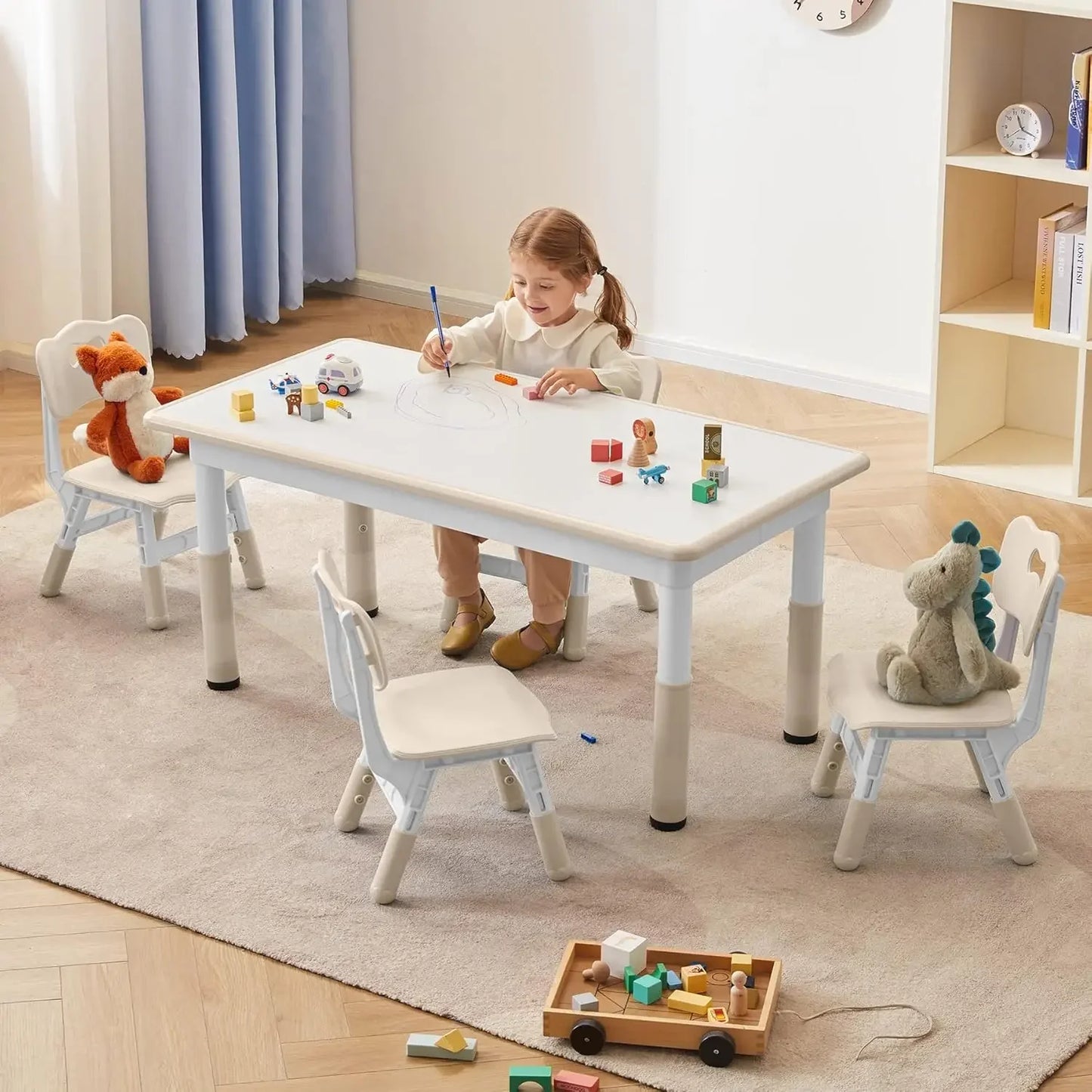 Toddler Table and Chairs Set for 4, 47.2''L x 23.6''W Kids Study Table and Chair Set, Height-Adjustable, Graffiti Desktop