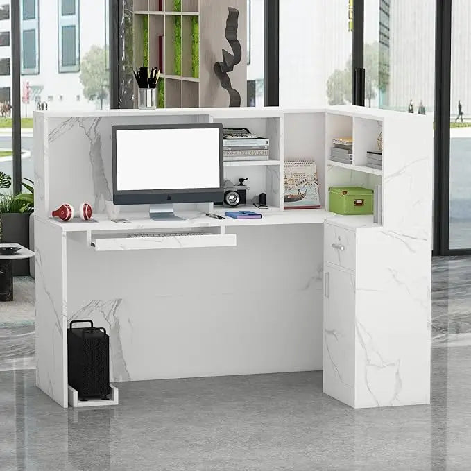 Reception Desk Reception Stations with Open Shelf & Drawers, L Shape Reception Table Wooden Computer Desk