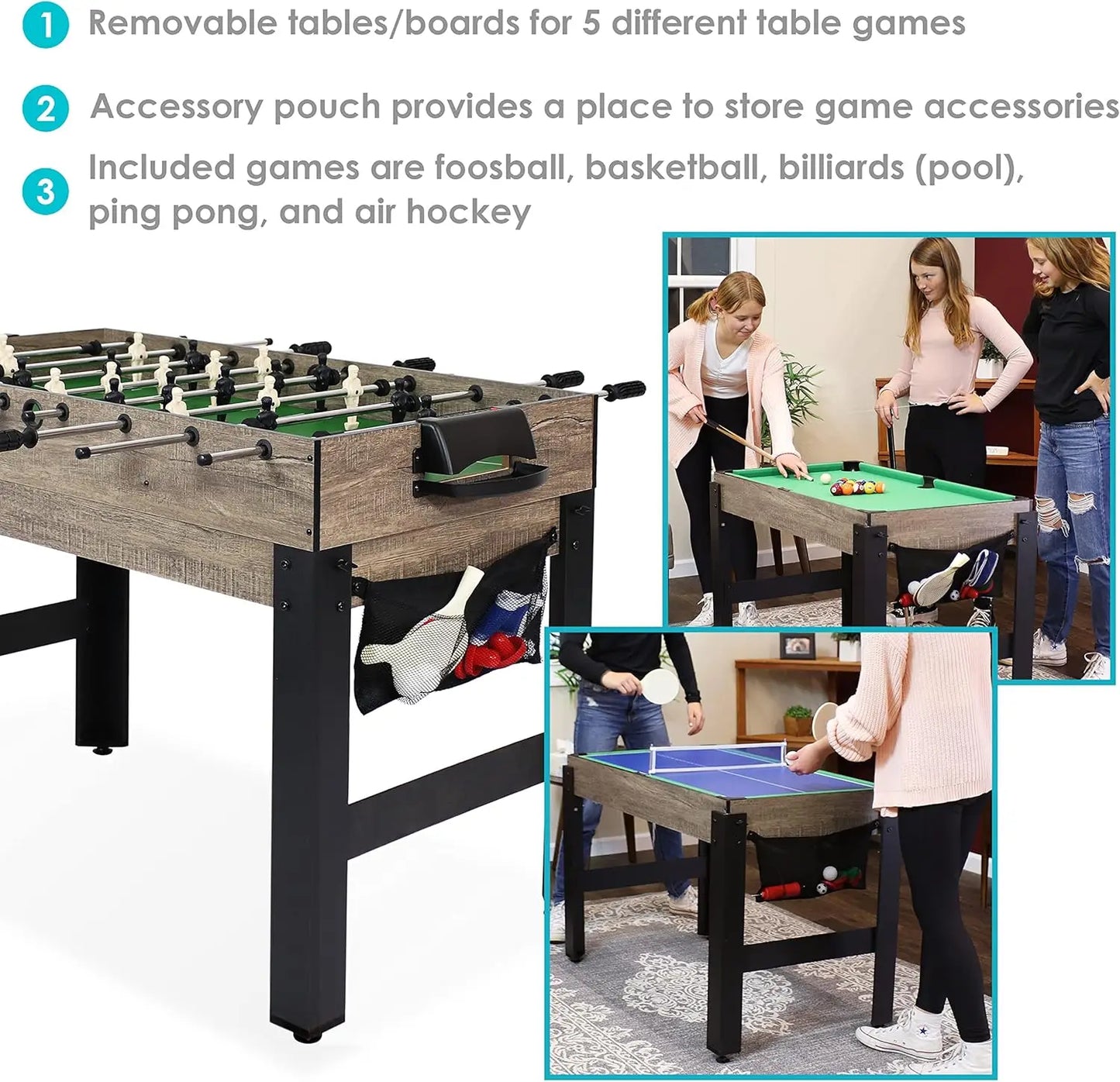 5-in-1 Multi-Game Table for Kids - Combo Game Table with Billiards, Push Hockey, Foosball, Ping Pong