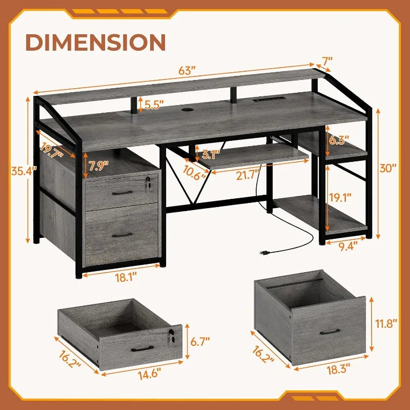 SEDETA 63" Computer Desk, Office Desk with Lockable Drawers for Legal/Letter File,Gaming Desk with LED Lights&Power Outlet, Grey