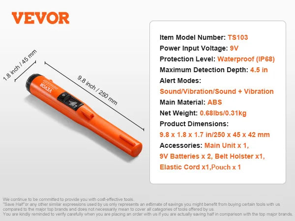 VEVOR Metal Detector Pinpointer IP66/IP68 Waterproof Handheld Pin Pointer Wand 1.96"/4.5" Detection Depth 3 Modes for Detecting