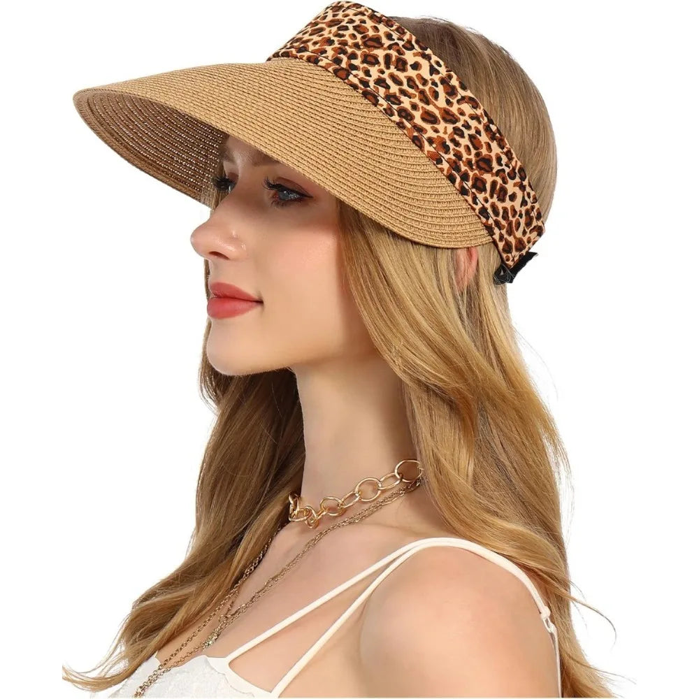 Womens Sun Hat Straw Visor UV Protection Wide Brim Packable Travel Summer Cap for Beach