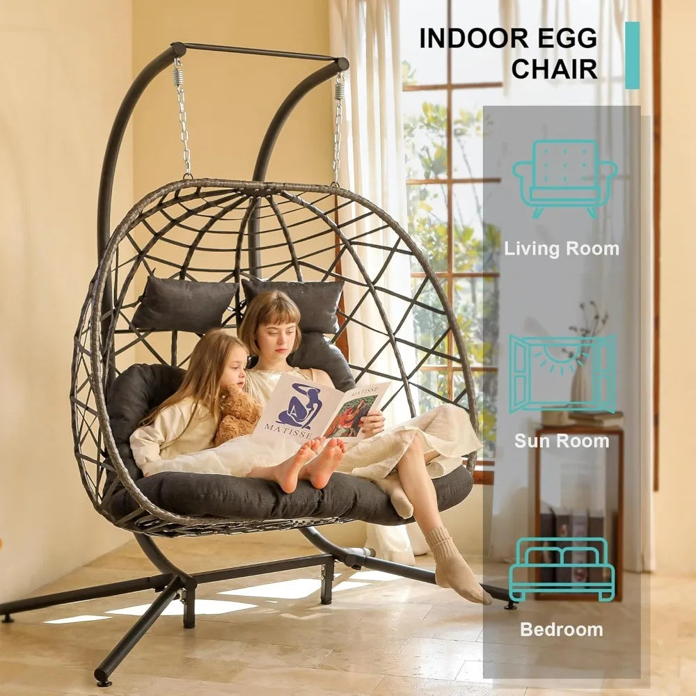 Dark Grey Double Egg Swing Chair w/Stand,2 Person Outdoor Indoor Hammock Hanging Chair with Cushion for Patio Living Room - Best