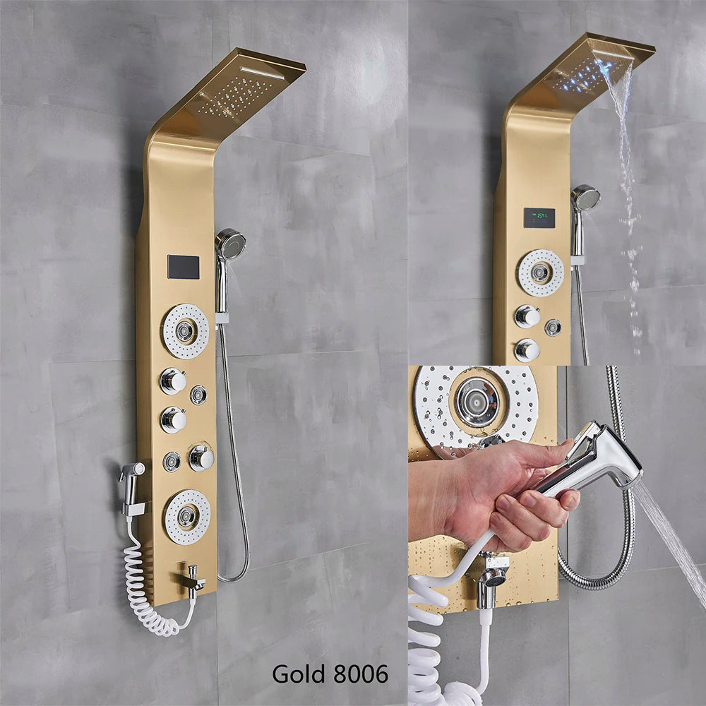 ALENARTWATER Bathroom Shower Panel LED Waterfall Shower Water Top Spray Temperature Display Faucet Back Massage with Water Tap