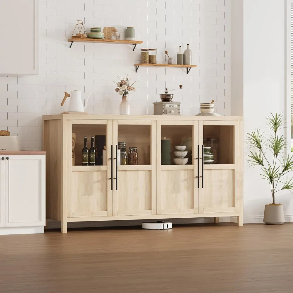 Sideboard Buffet Cabinet with 4 Glass Doors, 55" Large Buffet Cabinet with Storage, Modern Farmhouse Storage Cabinet
