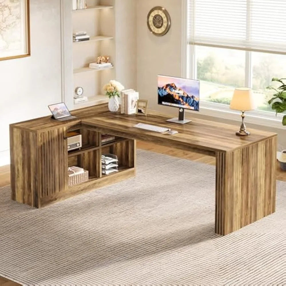 72.8" Large Executive Desk with 47.24" Cabinet, Office Desk with Storage Shelves, Farmhouse Wooden L-Shaped Desk for Home Offic