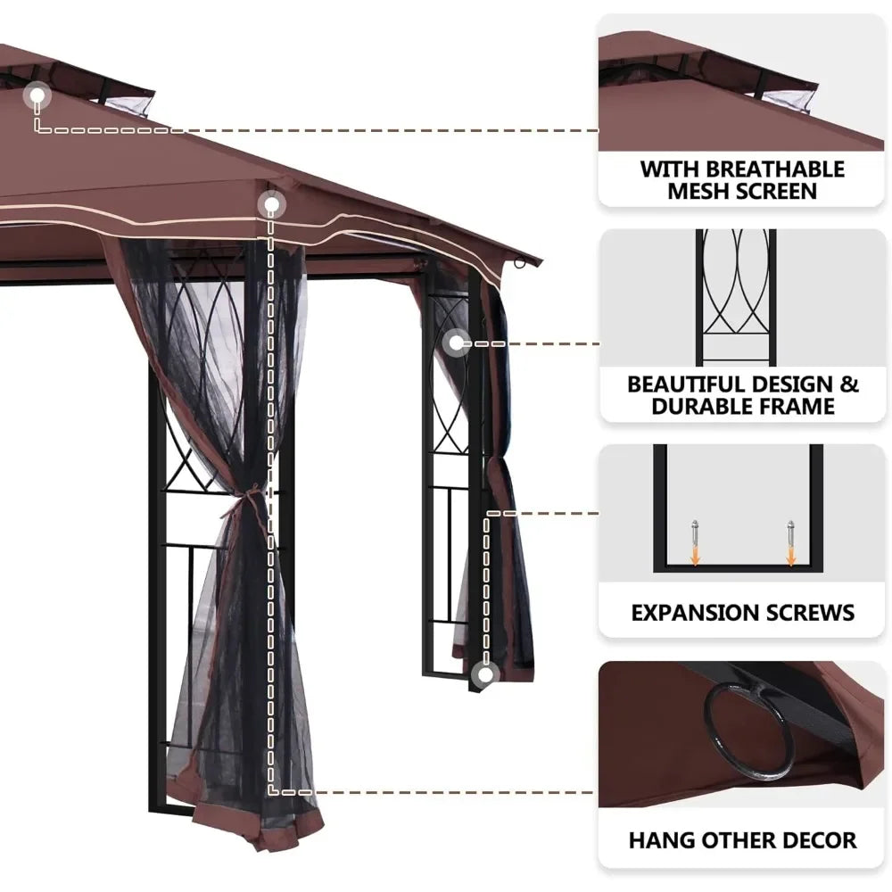Outdoor Patio Gazebo Porch Gazebo with Polyester Roof & Breathable Netting, Best for Garden, Lawn, Backyard Deck