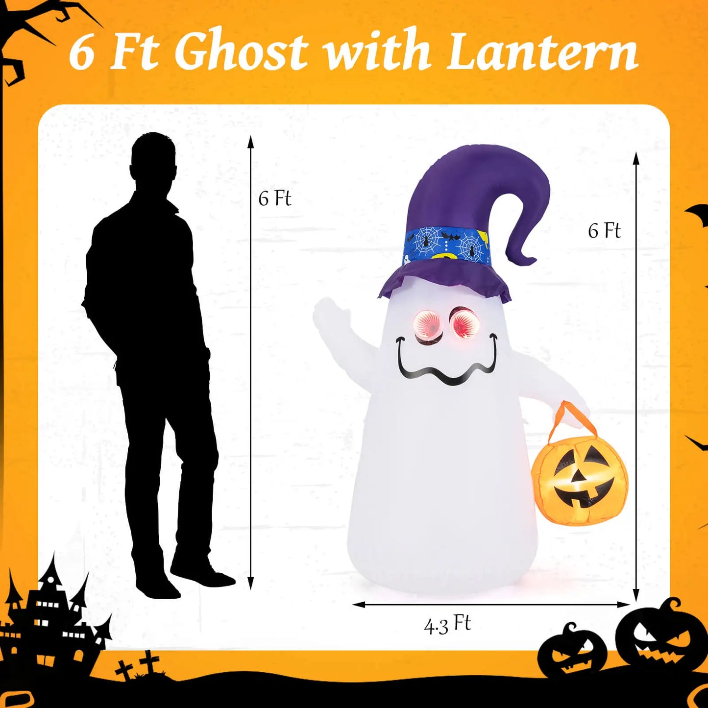 6 Ft Halloween Inflatables Cute Ghost with Jack-O-Lantern & Witch Hat