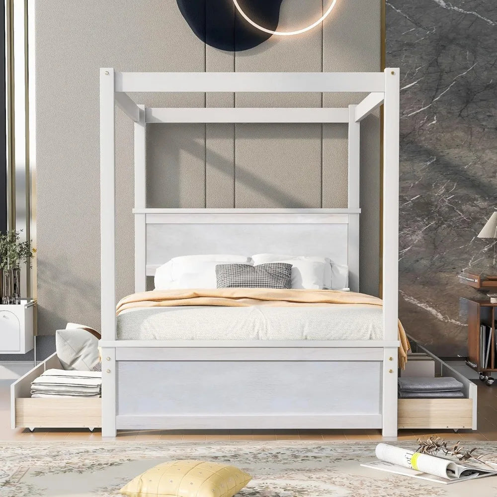 Full Canopy Bed with 4 Drawers, Four-Poster Platform Bed with Headboard and Wood Support Slats, Full Bed Frame Wood Poster Panel