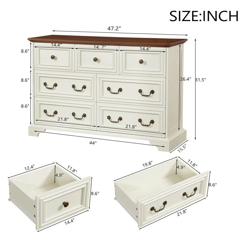 Farmhouse 7 Drawers Dresser for Bedroom Rustic Chest of Drawers with Natural Texture Vintage Design Storage