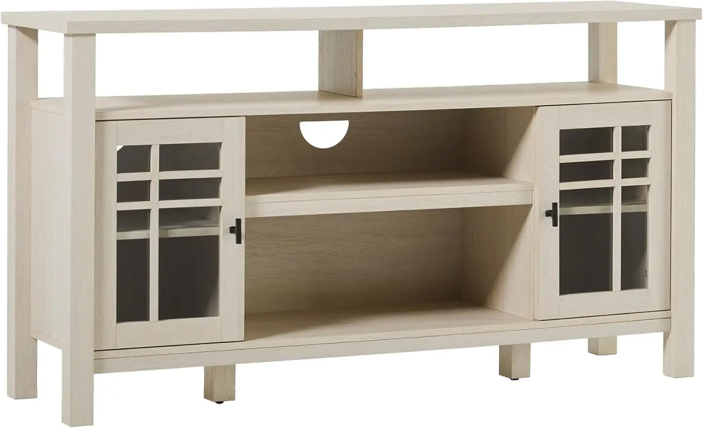 Transitional-Style Windowpane Glass Door Storage Sideboard, 58 Inch, Coastal Oak