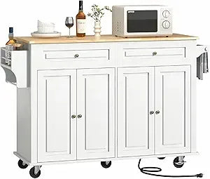55" Movable Kitchen Island with Drop Leaf and Power Outlet, Rolling Cart with Storage Cabinet, Island Table on Wheels for Kitche