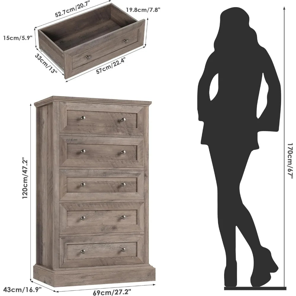 5 Drawer Dresser, 47.2'' Tall Dresser with 5 Drawers, Chest of Drawers Cabinet for Hallway Living Room, Wash Gray