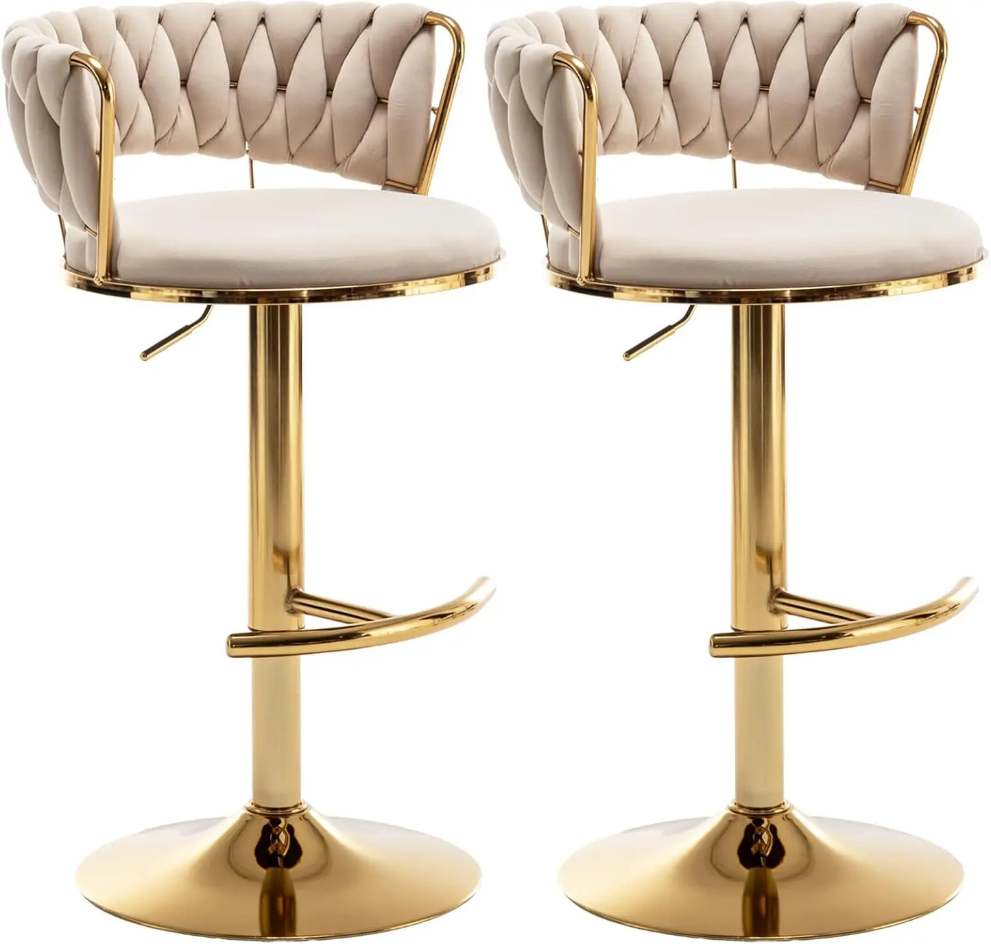 Gold Bar Stools Set of 4, Velvet Swivel Barstools with Woven Backrest, Adjustable Bar Chairs for Kitchen Island, Dining Room