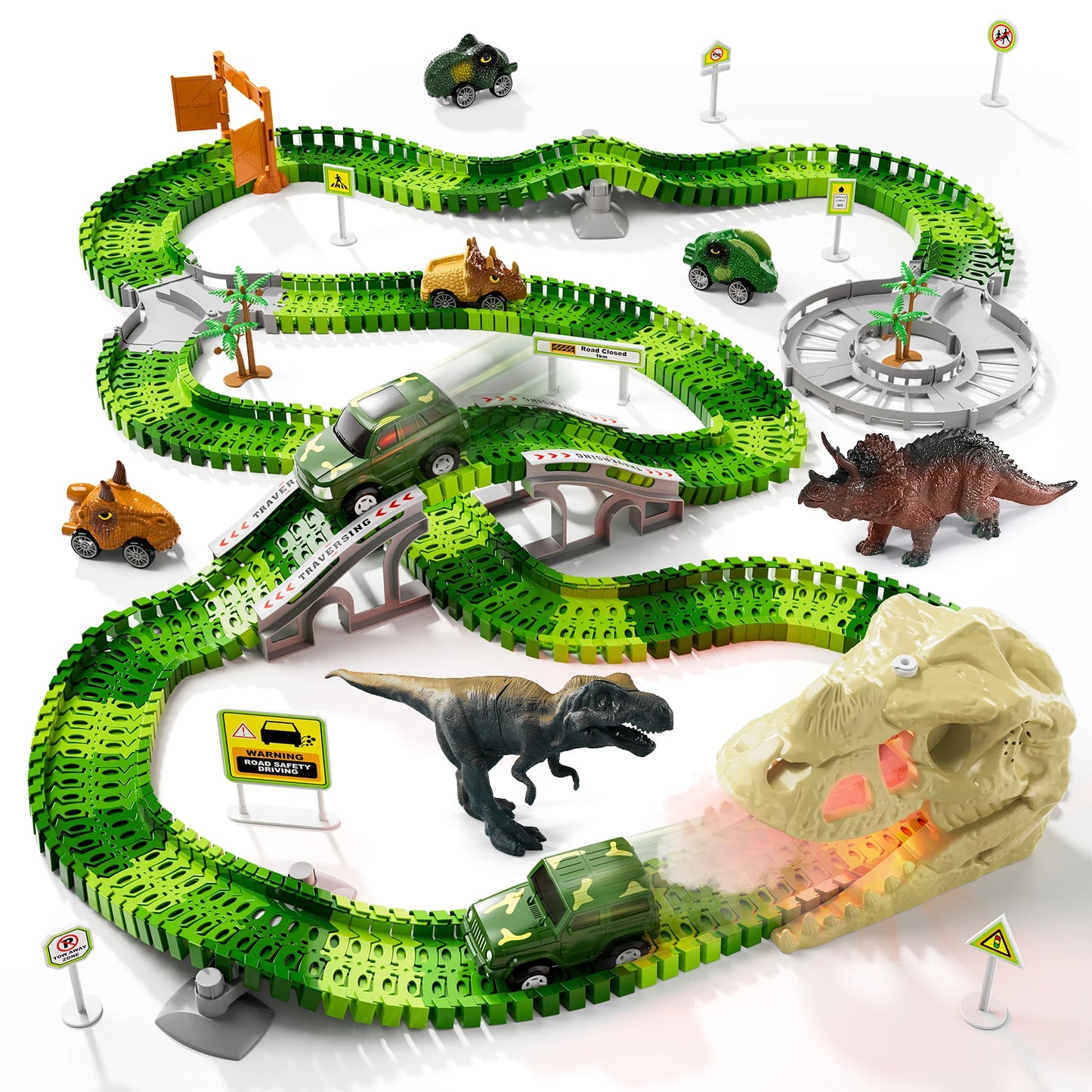 249 PCS Dinosaur Skeleton Rail Car Toys with Sound & Light, Dinosaur Race Car Tracks Diy Engineering for Children as Gifts