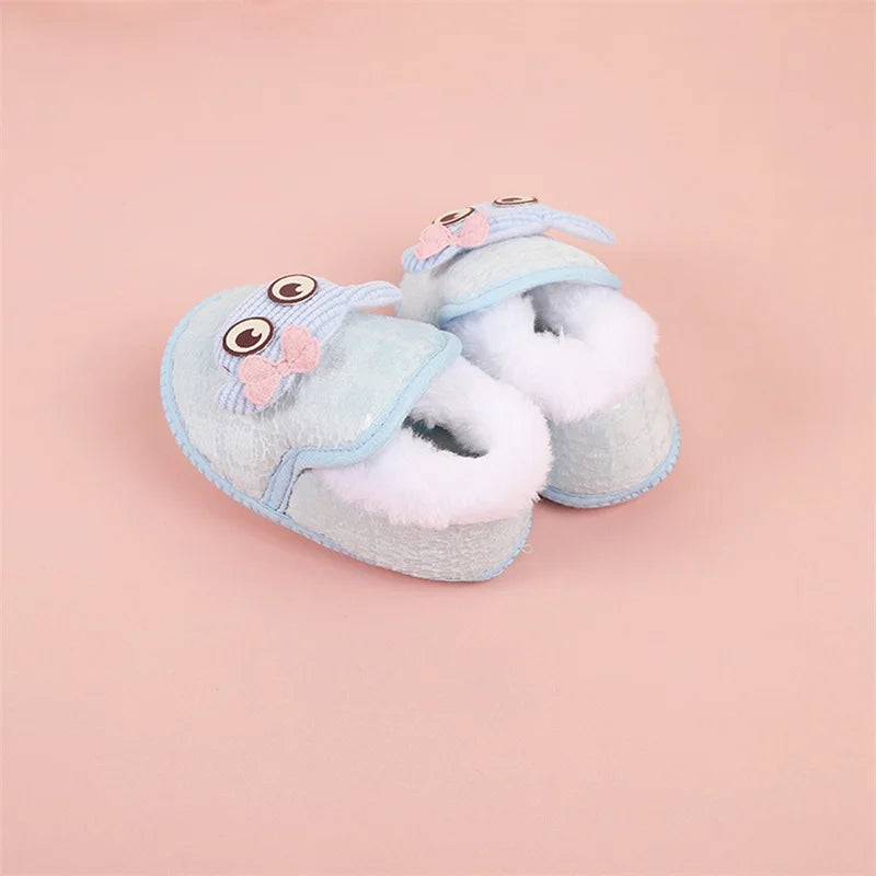 Adorable Baby Girls Plush Shoes with Cute Cartoon Design Big Eyes Warm Fleece Lining Non-Slip Sole for First Steps