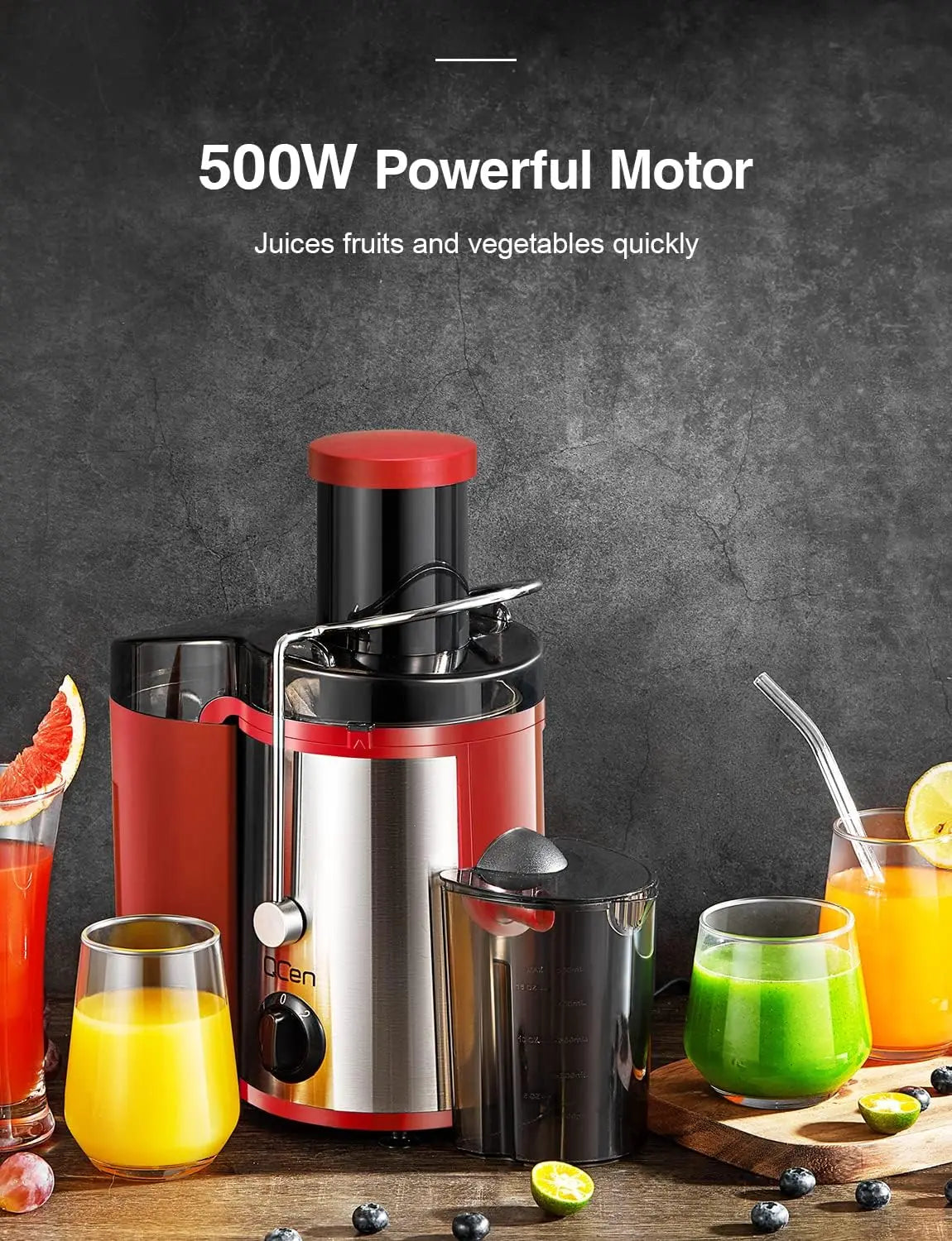Qcen Juicer Machine, 500W Centrifugal Juicer Extractor with Wide Mouth 3” Feed Chute for Fruit Vegetable, Easy to Clean, Red
