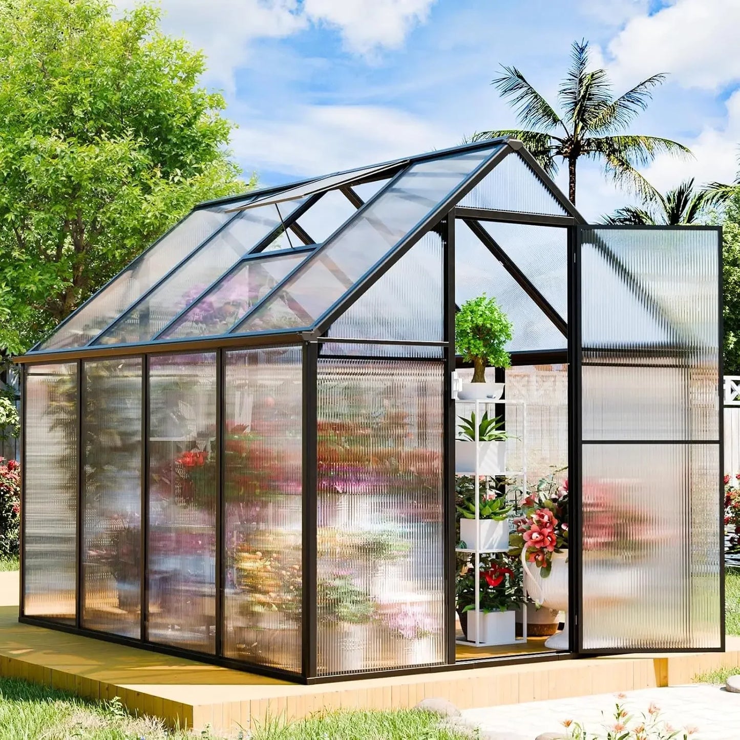 Polycarbonate Greenhouse Kit,8x6x6 FT Outsides Heavy Duty Green House with Transparent Panels Windows Door for Backyard Garden