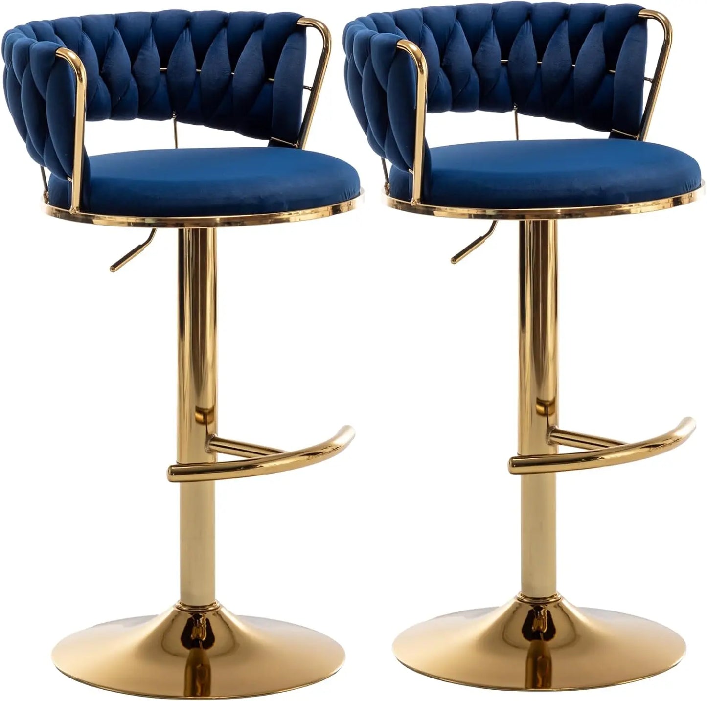 Gold Bar Stools Set of 4, Velvet Swivel Barstools with Woven Backrest, Adjustable Bar Chairs for Kitchen Island, Dining Room