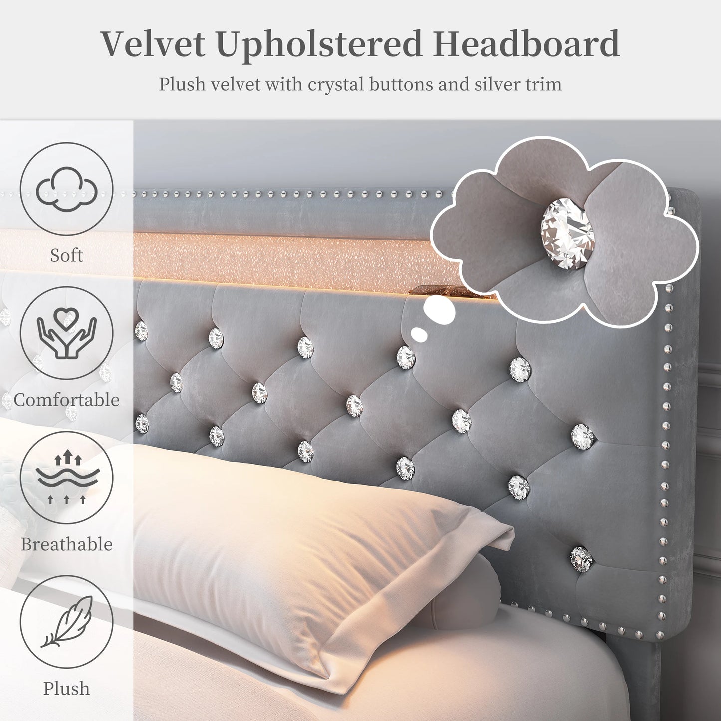 Full Size LED Bed Frame with 2 Drawers, Heavy Duty, Adjustable Crystal Tufted Headboard, No Box Spring, Velvet, Cream/Grey
