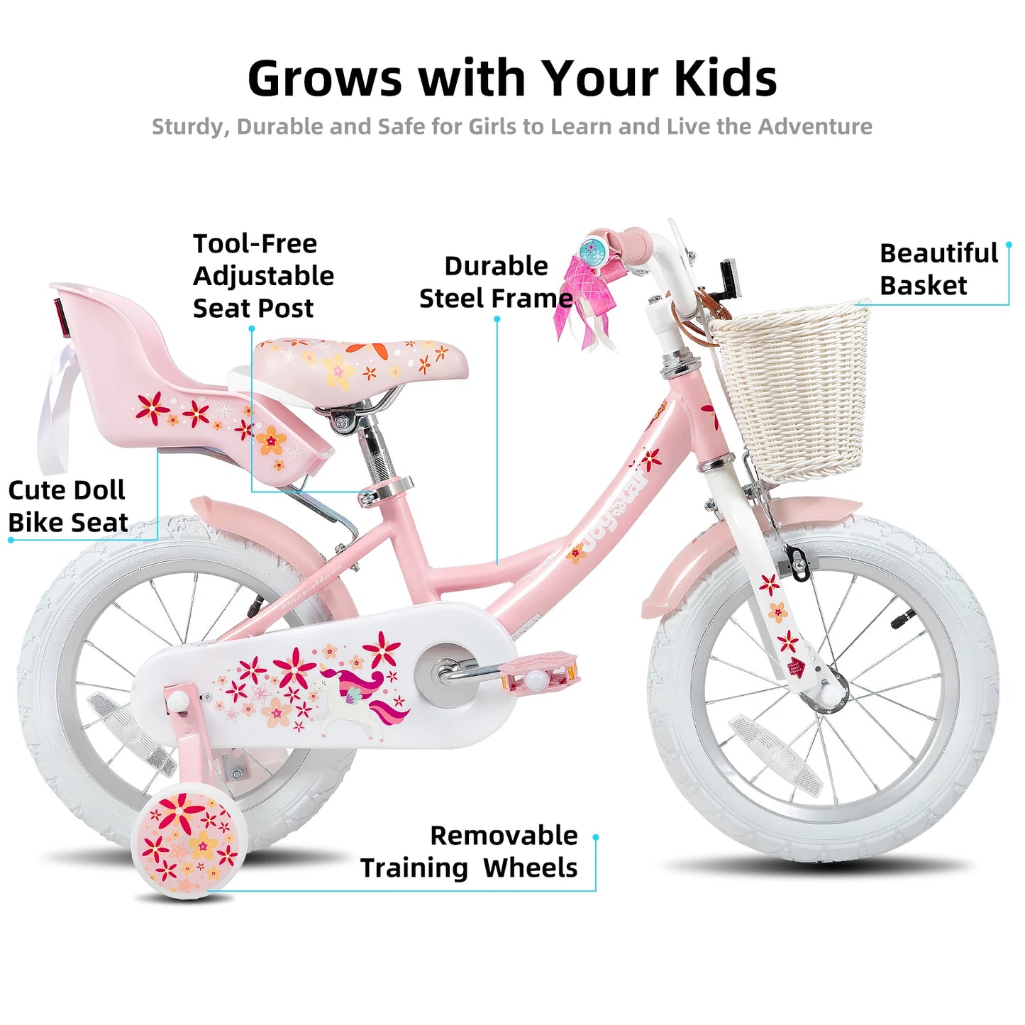 JOYSTAR Kids Bike for Girls Age 2-9 Years, 12 14 16 18 Inch Kids Bike with Training Wheels, Doll Seat, Streamers, Basket, Pink