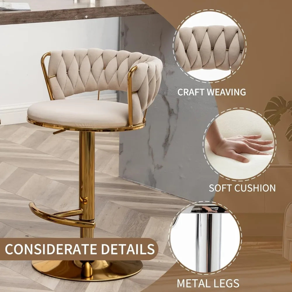 Gold Bar Stools Set of 4, Velvet Swivel Barstools with Woven Backrest, Adjustable Bar Chairs for Kitchen Island, Dining Room
