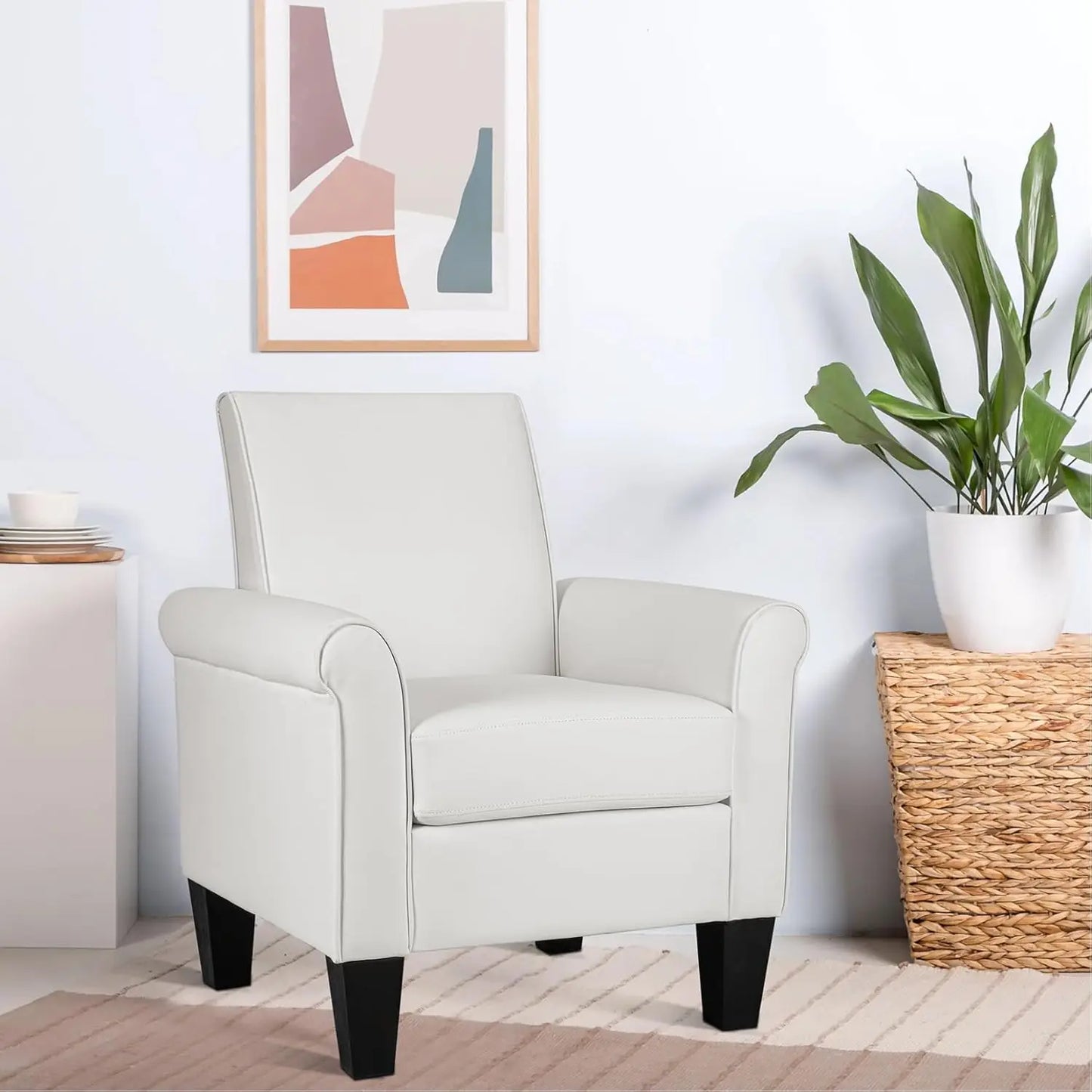 Mid-Century Modern Leather Accent Chairs Overstuffed Leather Living Room Chair Upholstered Comfortable Club Chair