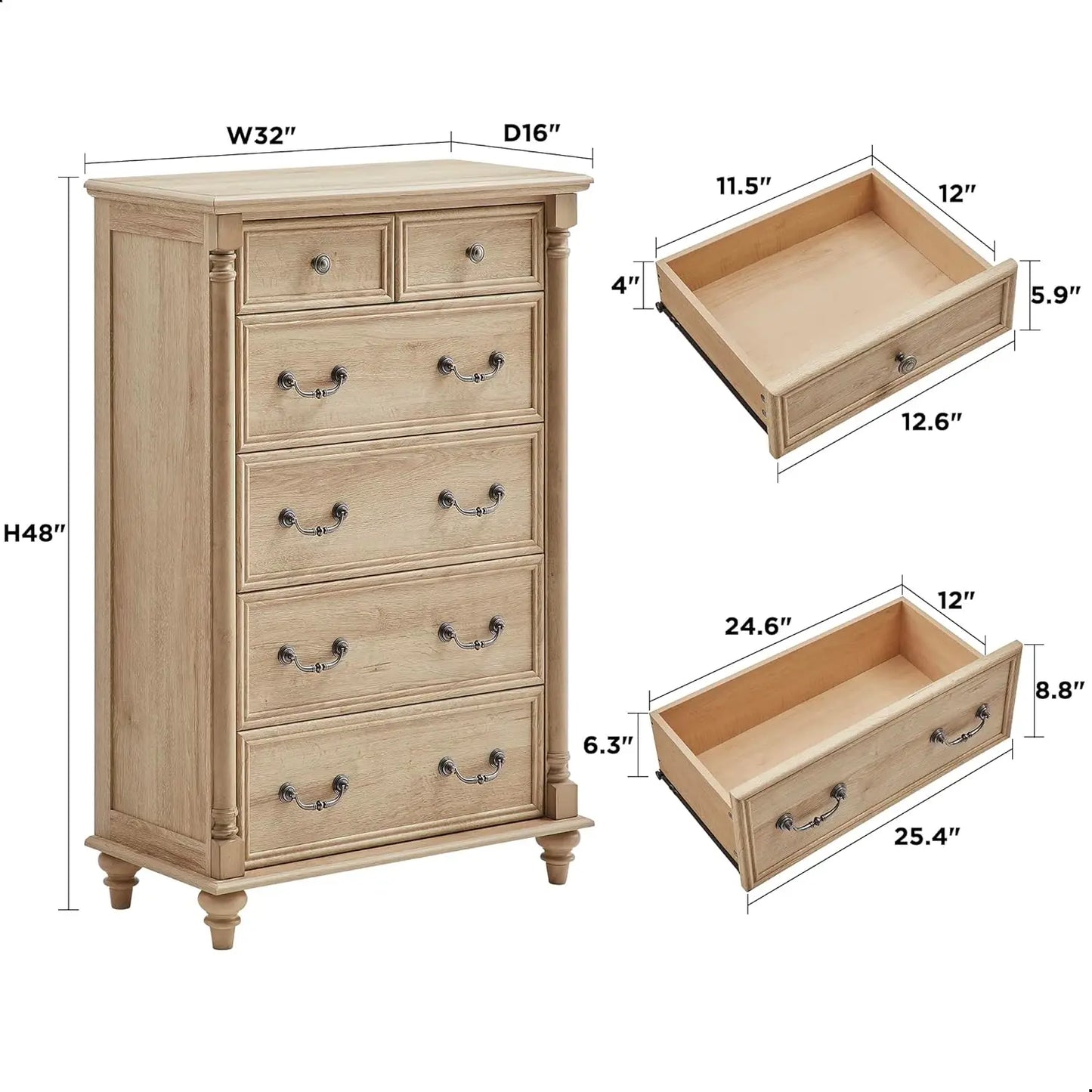 Farmhouse 6 Drawers Dresser Chests for Bedroom w/4 Solid Wood Feet &Column Decor, Tall Wood Rustic Chest of Drawers, Storage