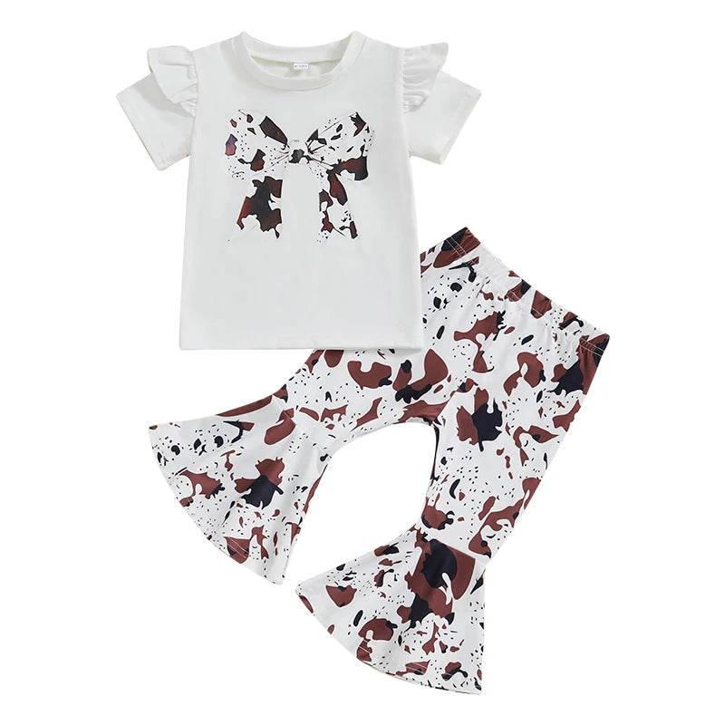 Adorable Toddler Girl Summer Outfit with Bow Print Top and Matching Flare Pants for a Stylish Look