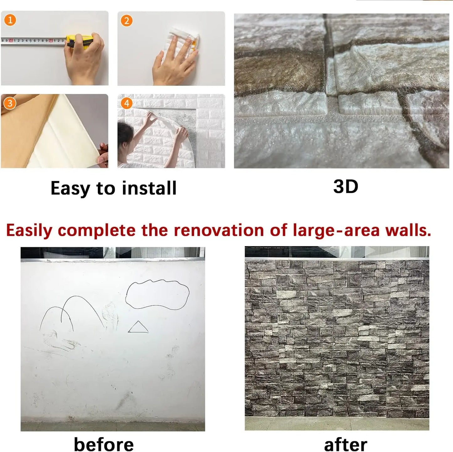 20PCS 3D Wall Panels Peel and Stick Foam 3D Brick Wallpaper Peel and Stick Faux Stone Wall Panel Self-Adhesive Wallpaper (20PCS,