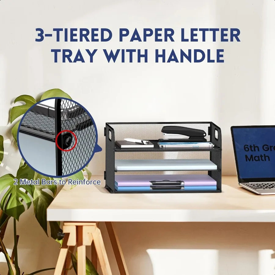 3 Tier Paper Organizer With Handle Mesh Desk Letter Tray File Organizer for A4 Folder Black