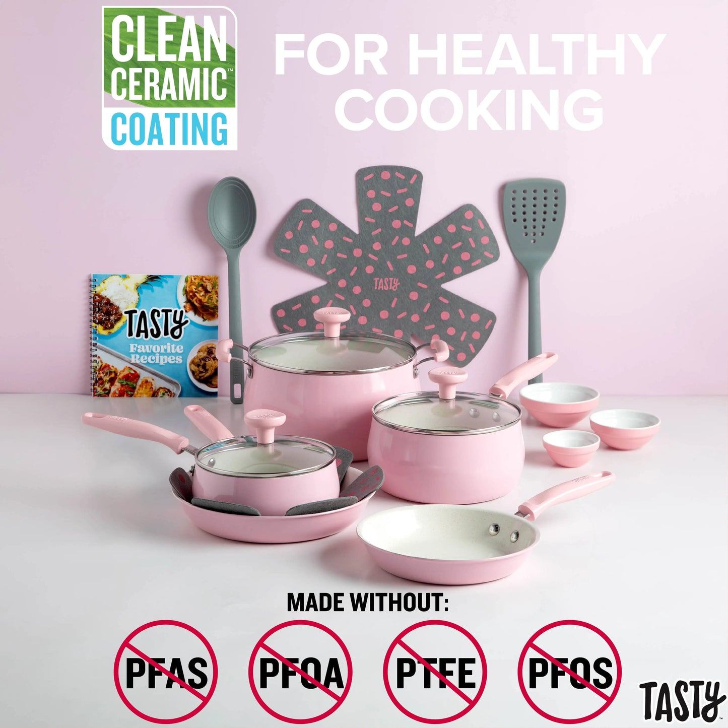 Clean Ceramic 16 Piece Non-Stick Aluminum Cookware Set, Pink
