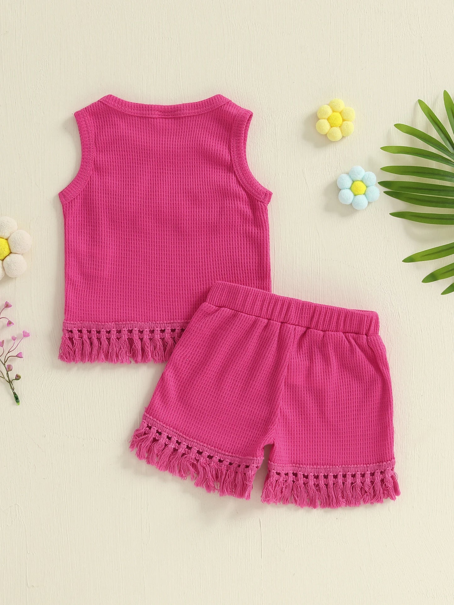 Adorable Toddler Girl Summer Outfits with Floral Embroidery and Tassel Hem Sleeveless Tank Top and Elastic Waist Shorts