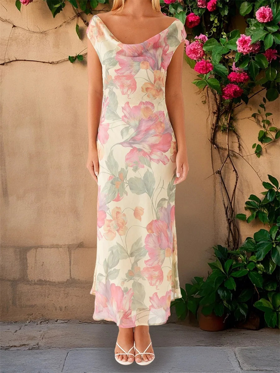 Elegant Floral Print Sleeveless Maxi Dress with Draped Neckline Women s Summer Cocktail Party Long Tank Dress