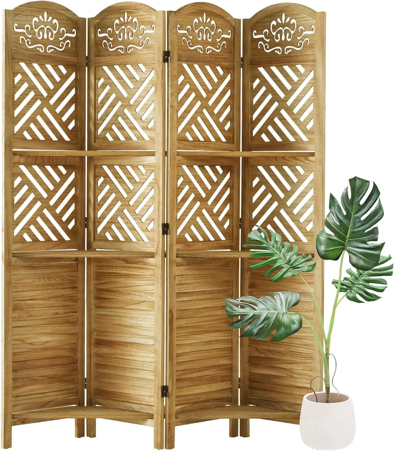 Room Divider with Shelves Folding Wood Carved Screen with Double Hinges for Home Office Bedroom Hotel Decoration 4 Panels