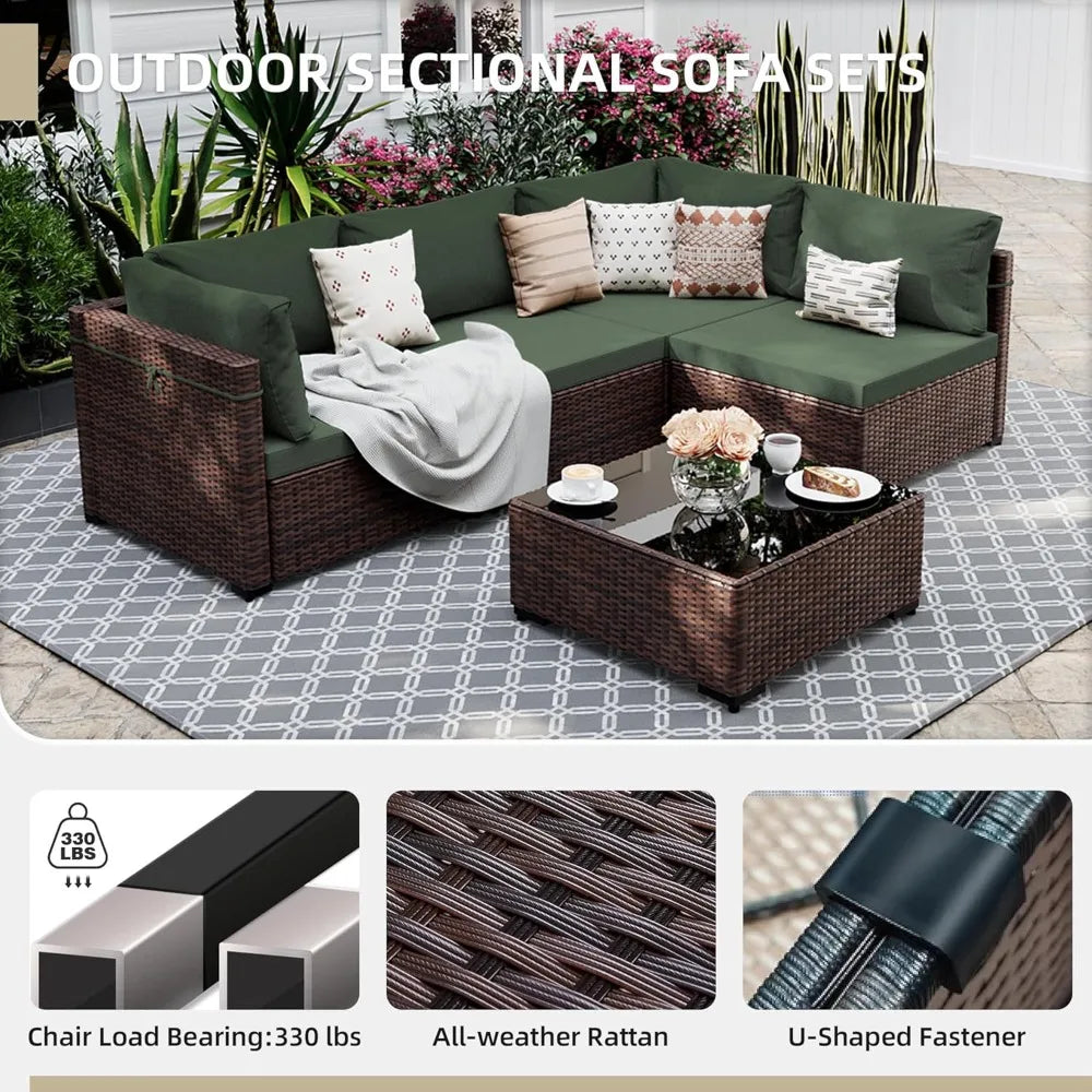 5 Pieces Patio Furniture Sets, Wicker Conversation Couch for Decks, Backyards, Gardens, Brown Rattan, Outdoor Sectional Sofa