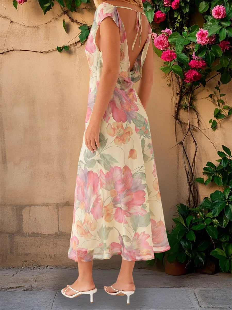 Elegant Floral Print Sleeveless Maxi Dress with Draped Neckline Women s Summer Cocktail Party Long Tank Dress