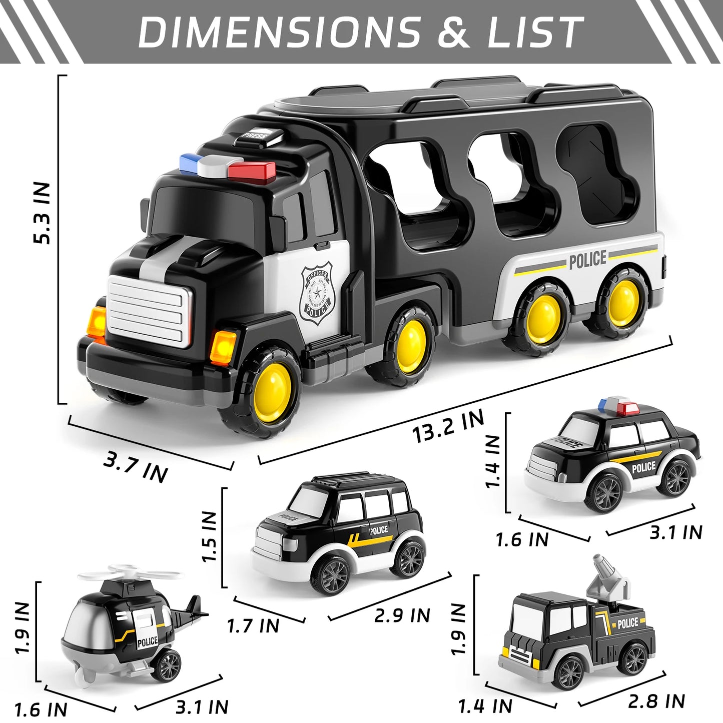 5 In 1 Police Truck Sets Kids Toys Cars Toddler Carrier Truck Pull Back Cars Transport Vehicles Toys Birthday Gifts Boys Girls