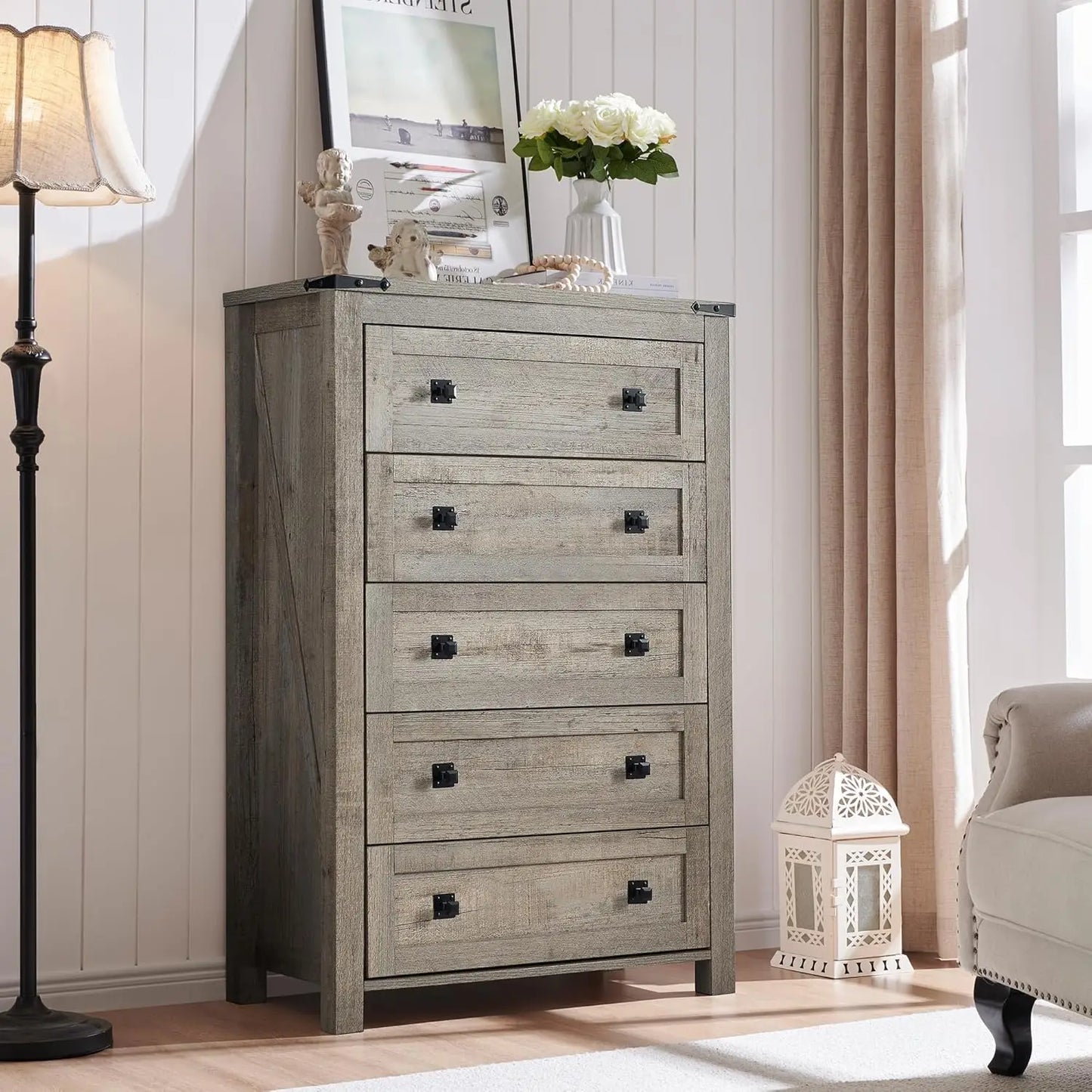 Farmhouse 5 Drawers Dresser Chests for Bedroom, Wood Rustic Tall Chset of Drawers,Dressers Organizer for Bedroom