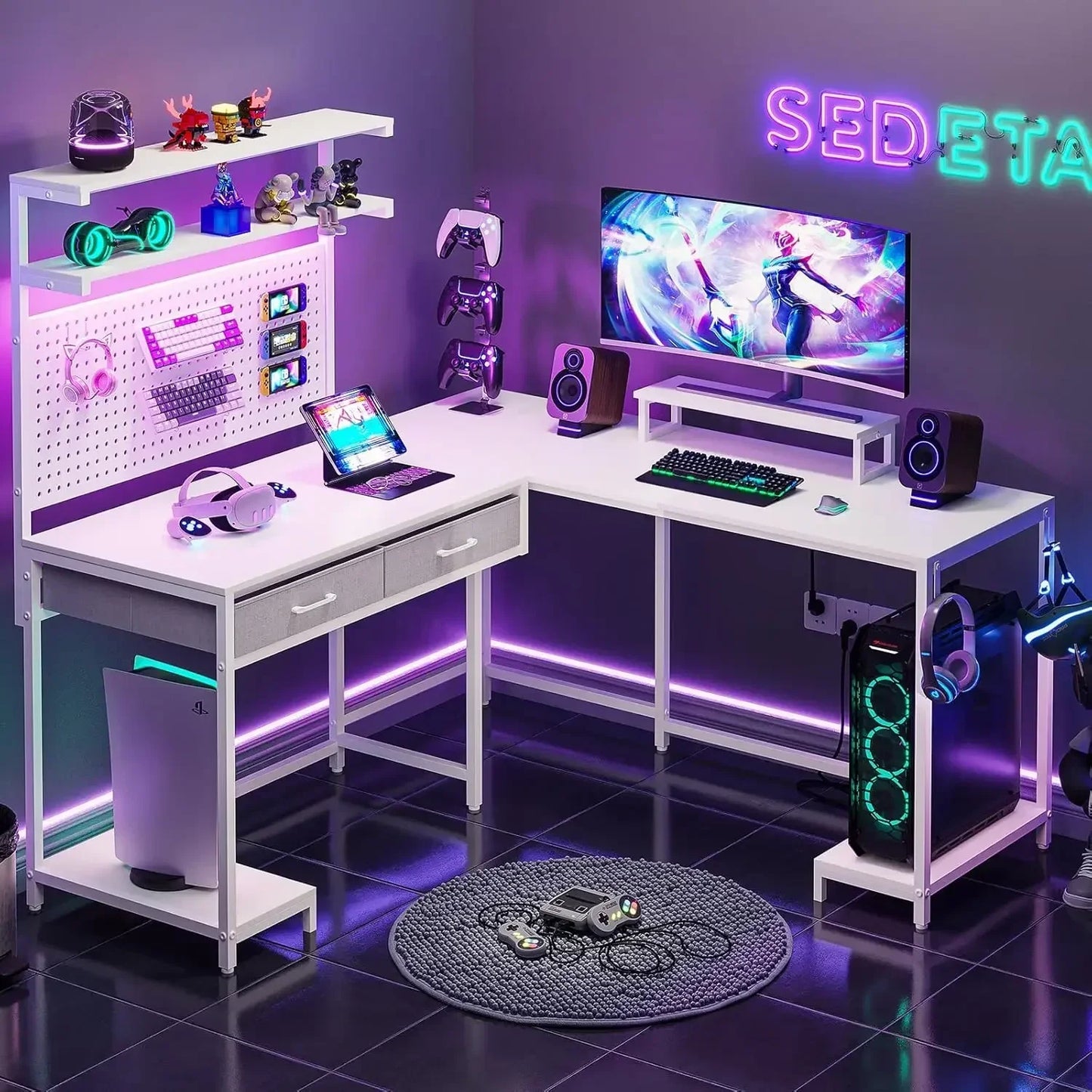 White L Shaped Gaming Desk with LED Lights and Drawers, Gaming Desk with Hutch & Pegboard, Computer Desk