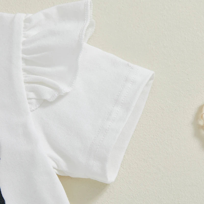 Adorable Toddler Girl Summer Outfit with Bow Print Top and Matching Flare Pants for a Stylish Look