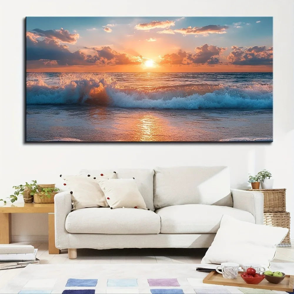 1.5 inch thick pine solid wood frame, Li tomorrow empty ocean beach wave scenery, modern painting wall decoration